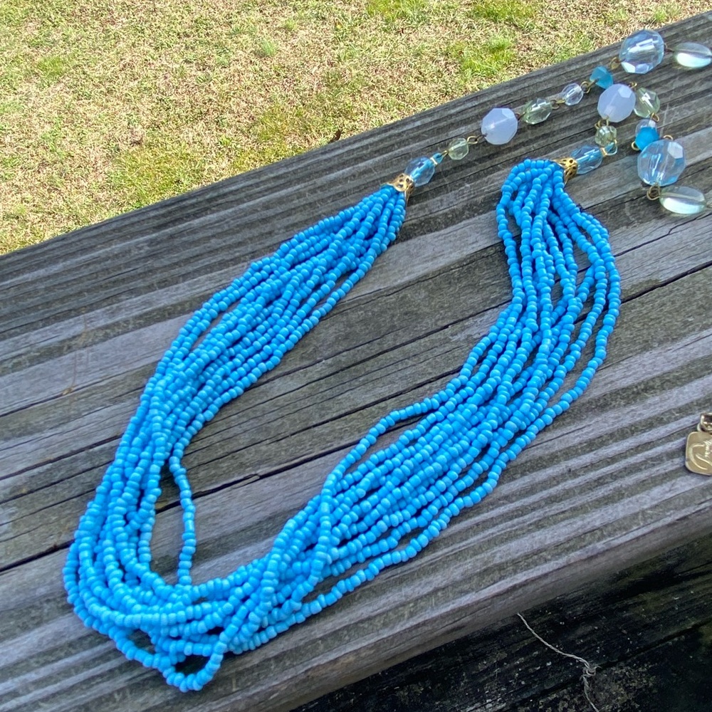 You and I blue multi bead necklace multi-strand long beaded